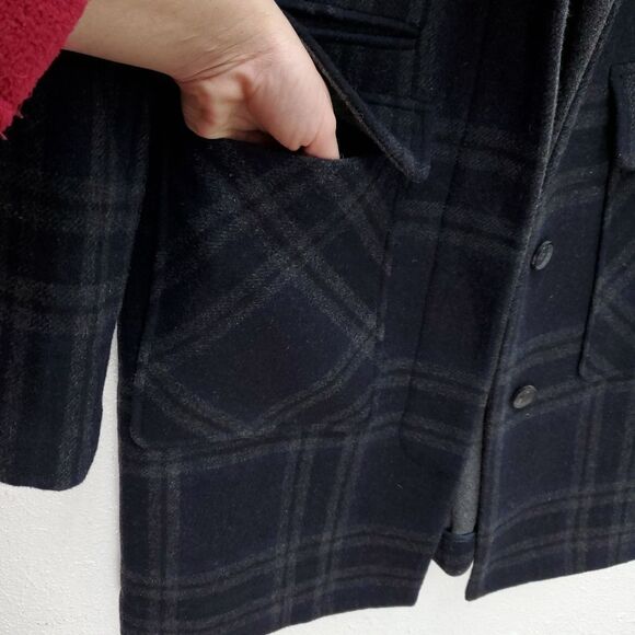 7 For All Mankind Wool Navy Longline Plaid Academia Peacoat - Picture 7 of 15